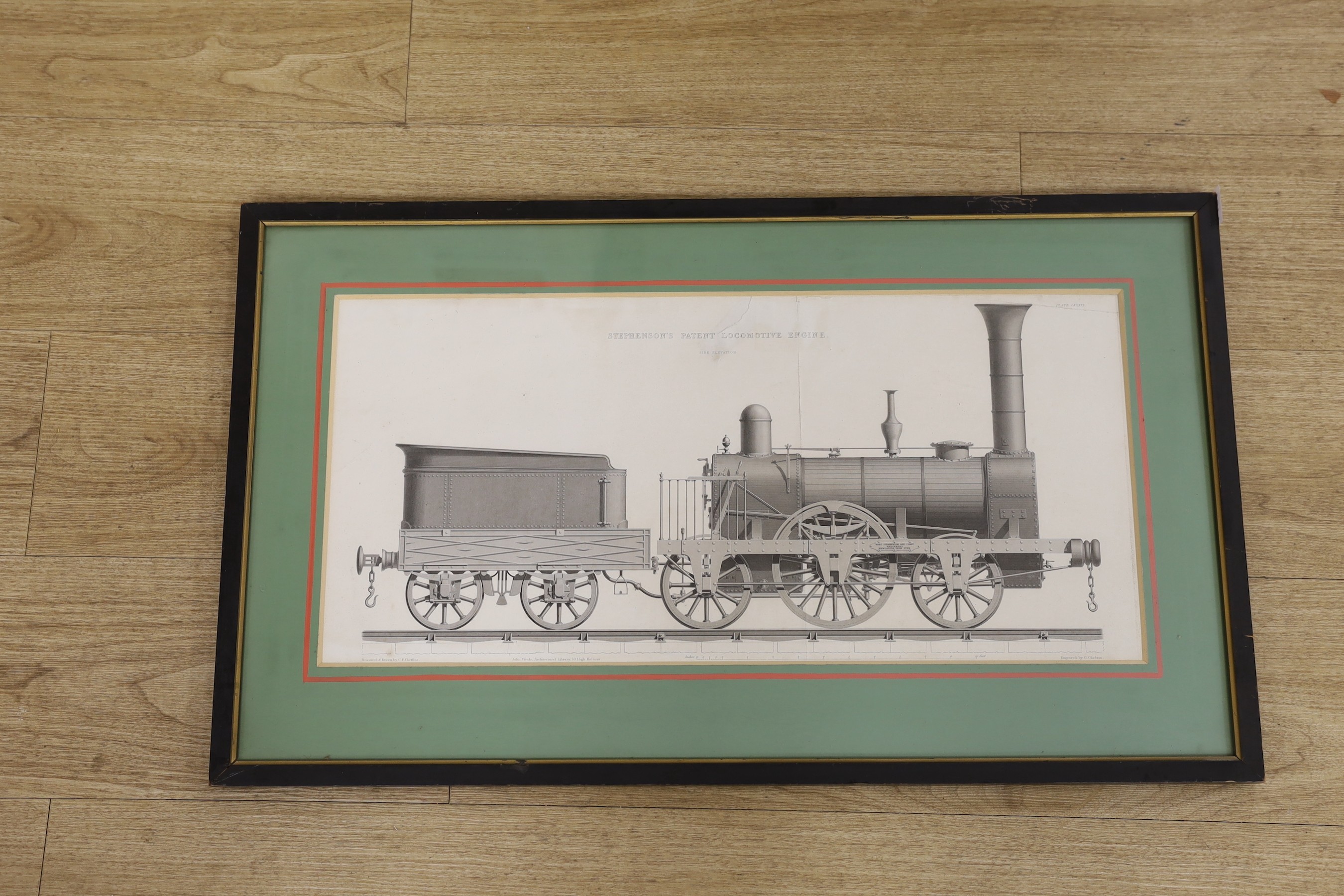 John Weale, engraving, Stephenson's Patent Locomotive Engine print, 28 x 61cm